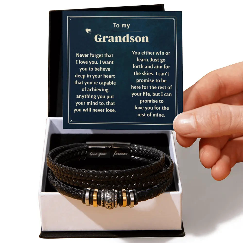 Engraved Inscription Bracelet for Grandson, Braided Vegan Leather and Stainless Steel Band, Sentimental Men's Birthday Gift, Engraved Inscription Bracelets & Bangles, Permanent Engraving Bracelets & Bangles