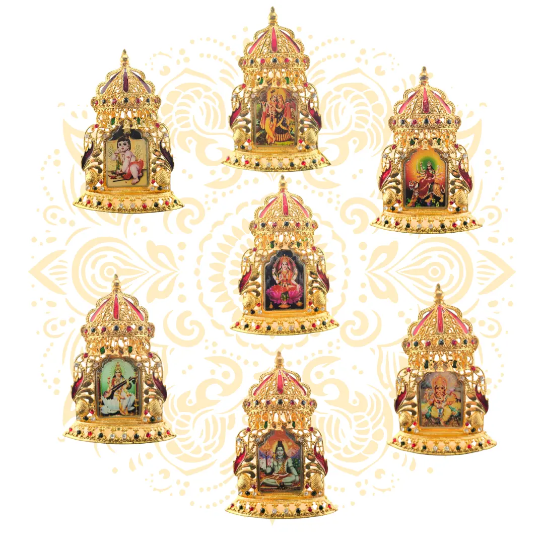 Akshar Golden Metal Deity Mini Mandir Altar Stand
