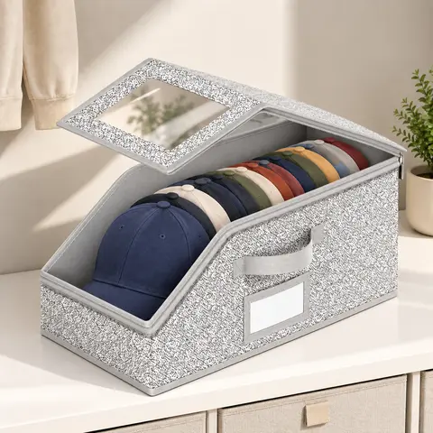 Stackable Baseball Cap Storage Box, Holds Up to 24 Hats – Durable Foldable Cardboard Organizer, Large Capacity Hat & Toy Storage Solution, Versatile Home & Bedroom Organizer, Dustproof, Space Saving Window