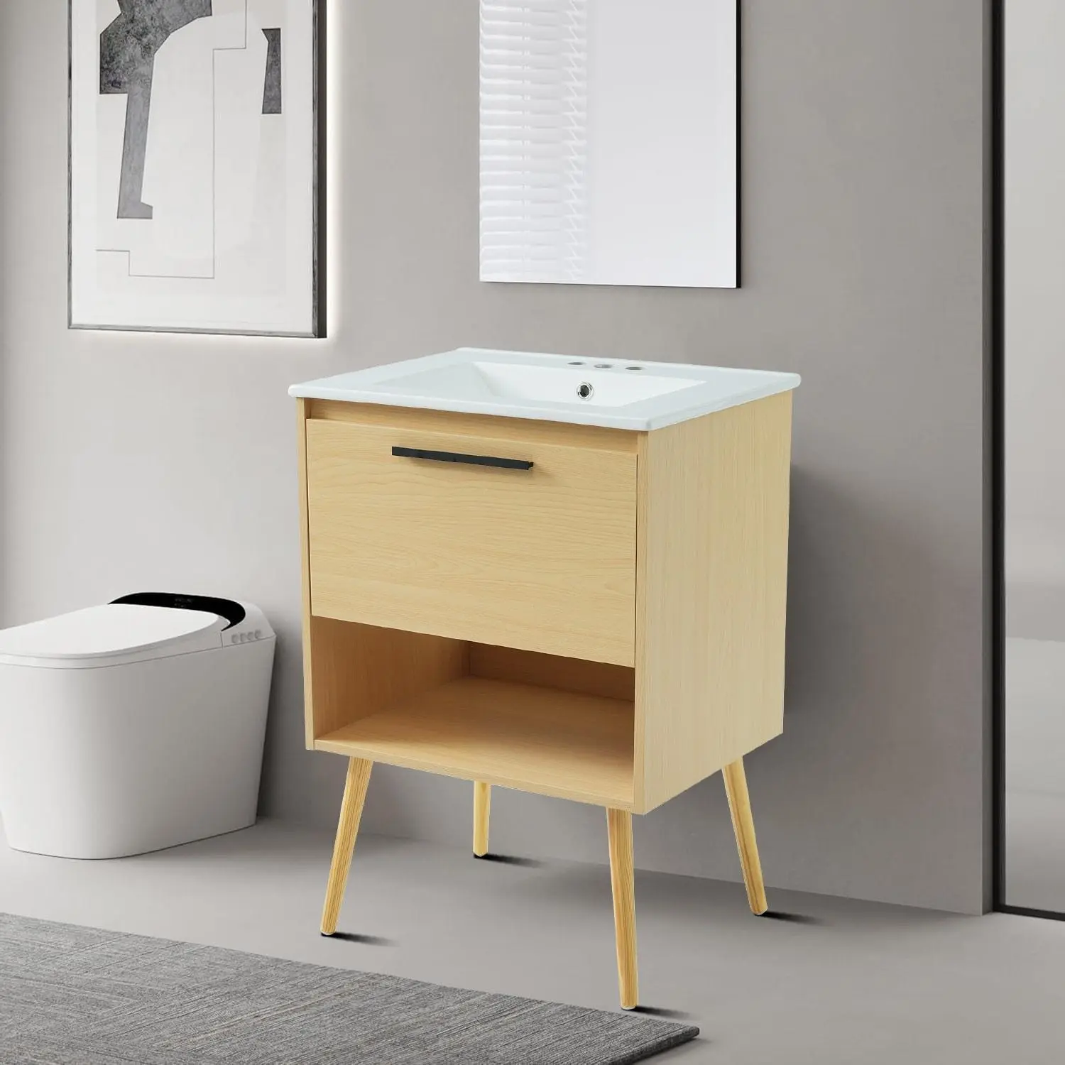 Modern Farmhouse Freestanding Wooden Storage Vanity with Top Drop-In Ceramic Sink