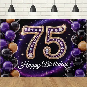 1pc 2D 75th Diamond Texture Birthday Backdrop Banner with Purple Black Gold Balloon Elements, Luxurious & Grand, Ideal for 75th Birthday Banquets, Elderly Birthday Parties, Anniversary Celebrations & Photo Booth Decor