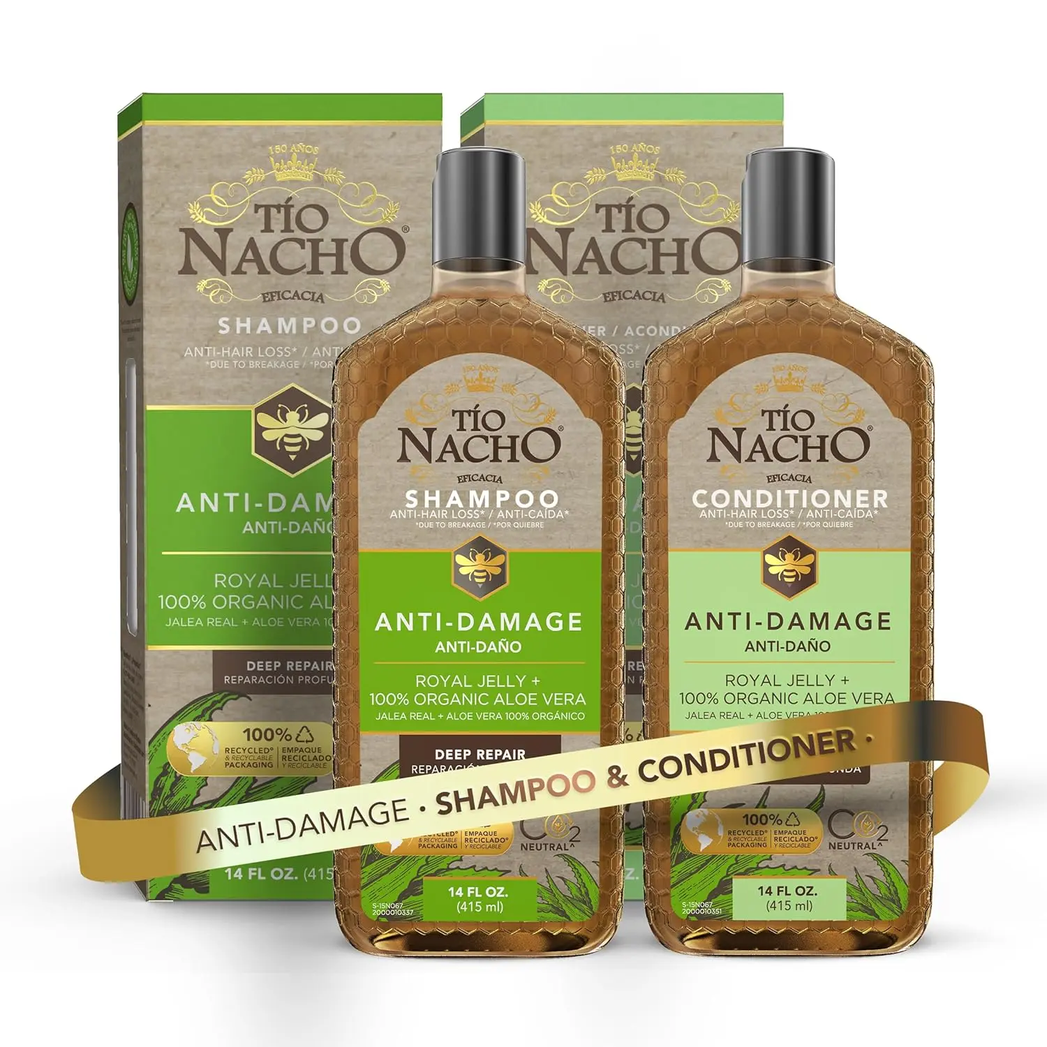Tio Nacho Anti-Damage Royal Jelly & Aloe Vera Haircare Cleanser + Conditioner Bundle, Radiant Blend for Damaged Hair & Anti-Hair Loss, 14 fl oz Each, Nourishing, Organic, Scalp & Hair
