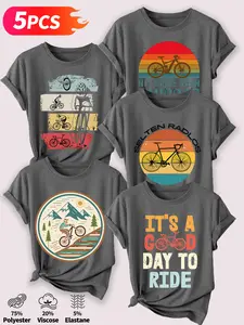 Women's 5Pcs Crew Neck T-Shirts, Vintage Cycling Slogan & Mountain Bike Series Print, Multiple Colors Available, Machine Washable, Spring & Summer Tops, Soft Skin-Friendly Fabric, Daily Versatile, Fashion Design
