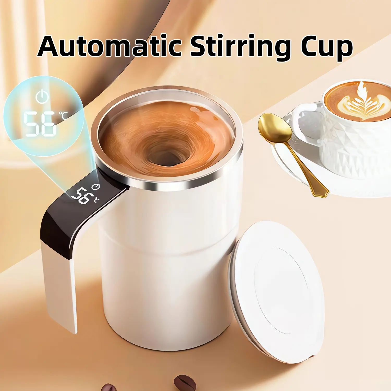 Self Stirring Coffee Mug with LED Temp Display, Stainless Steel Automatic Magnetic Mixing Cup with Cover, Portable Drink Mixer Cup for Desk Kitchen Travel campingessentials
