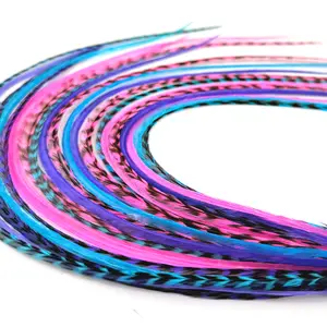 Real Rooster Feathers 21 Purple Pink and Turquoise 9”-14” Long - 20 Micro-link Beads - 100% Real Hair Extension DIY Kit
