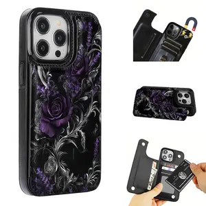 Purple Rose Decor High-Quality Synthetic Leather TPU Cellphone Case - iPhone 13/12/14/15/16/17 Protection, Handheld Credit/Bank Card & Coin Holder, Fashionable Phone Accessories, Friend Gift summerwins