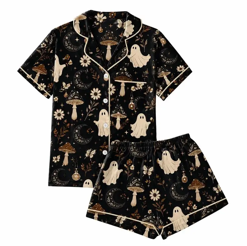 Halloween Pajama Set, Mushroom Moon Sleepwear, Pajamas for Women, Spooky Button Up Lounge Set Gift