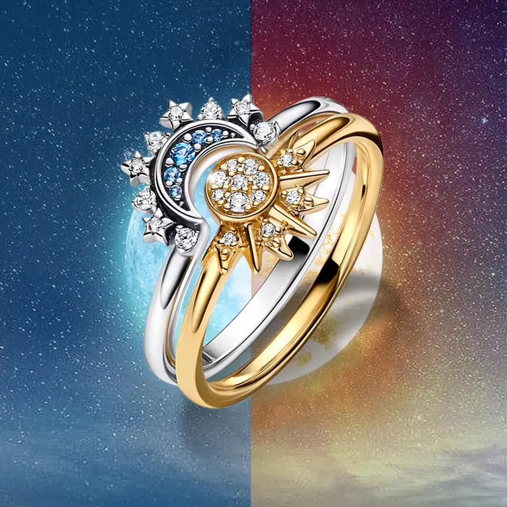 2pcs Silver Rings For Women Moon Sun Engagement Stackable Rings Gold Silvery Jewelry Gift Stackable Design