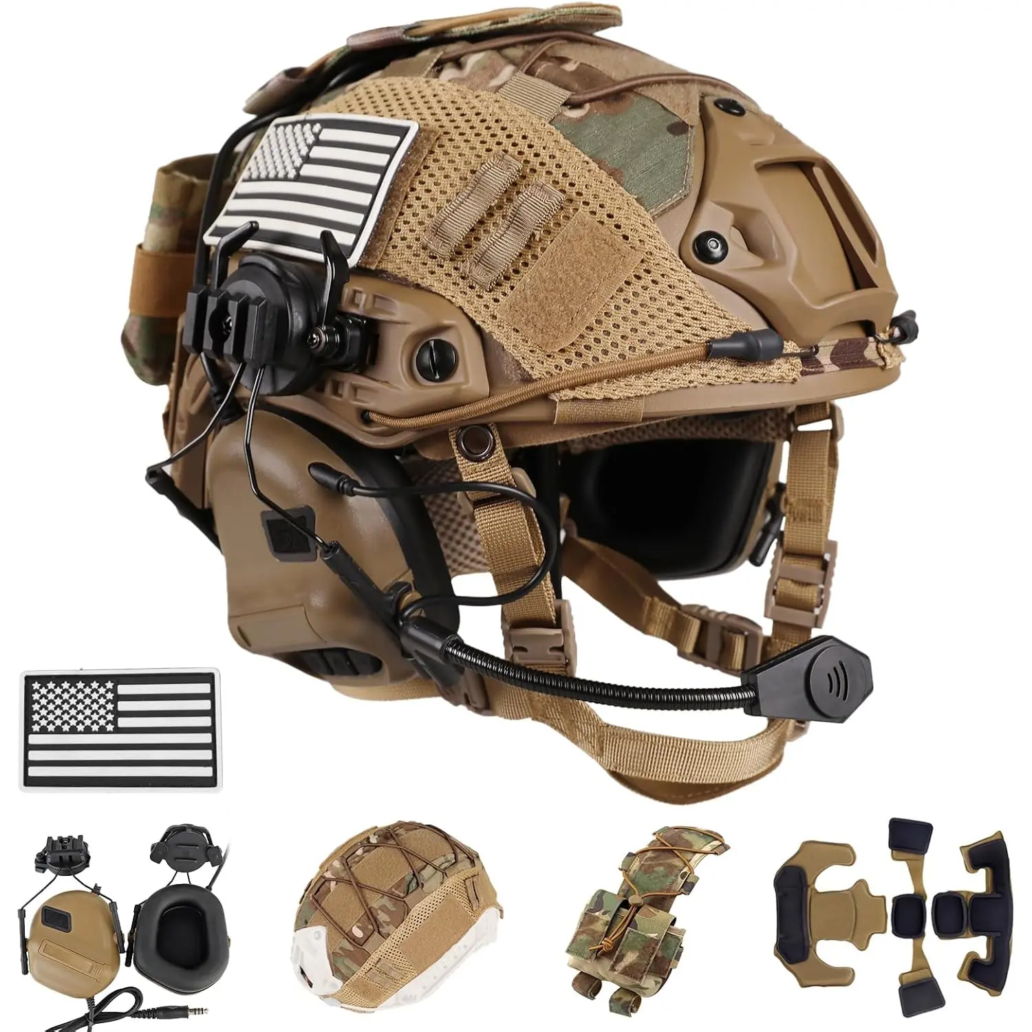 Tactical Helmet with Headset,4in1 Upgraded Adjustable with Helmet Cover for Airsoft Cosplay Military Tactical Gear