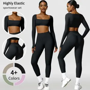 Kabuer Women's Workout Two Piece Set Long Sleeve Crop Top & Yoga Pants 83% Nylon 17% Elastane Medium Stretch Sporty Fit Casual Gym Wear Fitness Suit Athletic Activewear Tracksuits