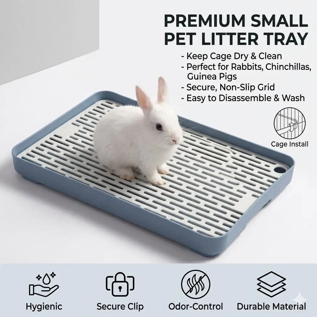 High-Walled Small Pet Litter Box, Removable Grid Tray Toilet for Rabbits & Guinea Pigs, Durable Training Potty for Ferrets & Hamsters, Easy Cage Install