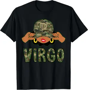 100%cotton Virgo Queen Black Woman With Camo Cap Afro Girl Zodiac T-Shirt