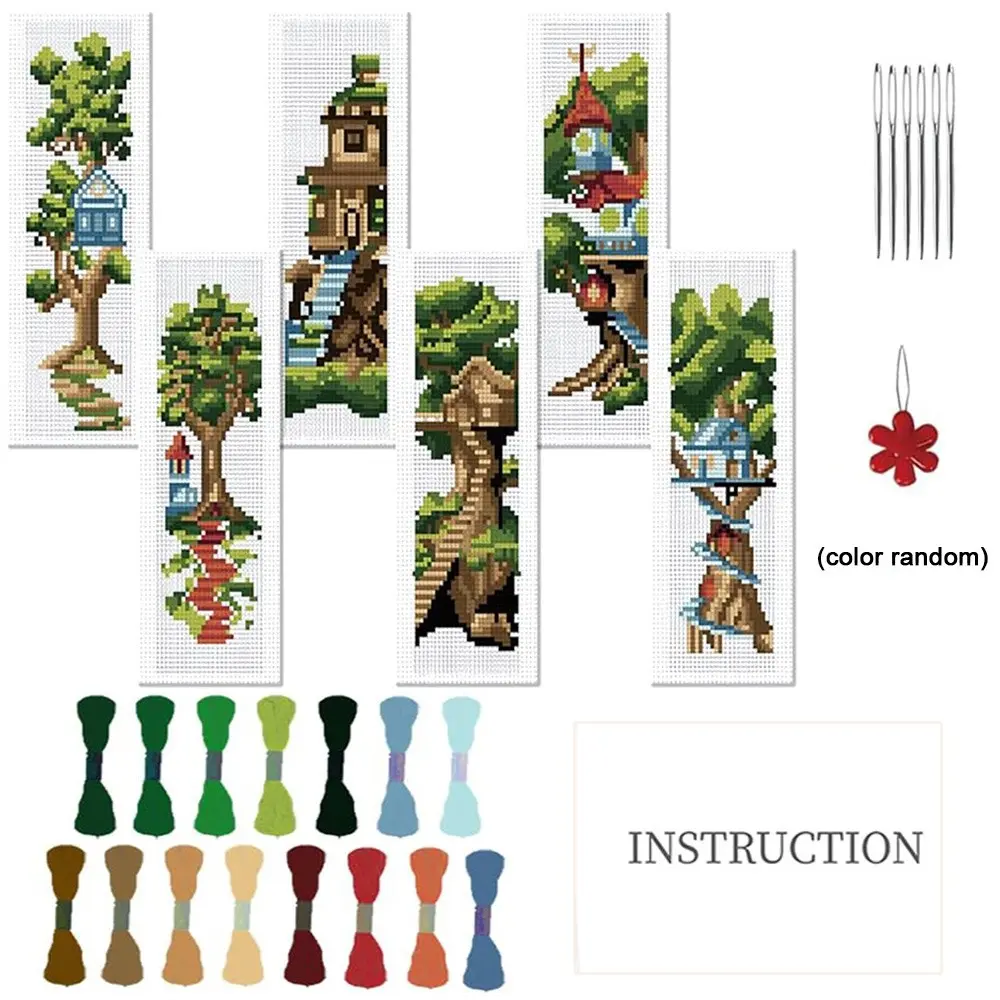 6-Piece Forest Tree House Cross Stitch Bookmark DIY Art Set, Beginner-Friendly Fabric Bookmark Kit, Unique Book Markers, Book Accessories, Home Decor, Gift Ideas