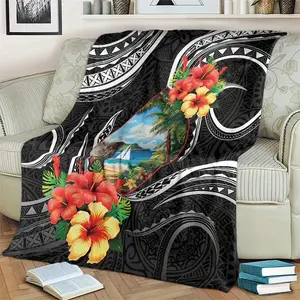 Hawaiian Tropical Flannel Throw Blanket – Cozy Geometric Design With Vibrant Hibiscus & Palm Tree Pattern, All-Season Comfort For Sofa, Bedroom, Or Living Room Decor, Hawaiian Decor