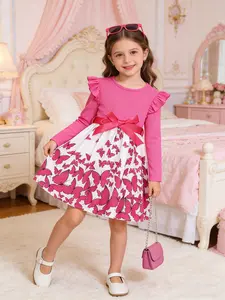 Girls' Hot Butterfly Print Dress with Bow, Long Sleeve Ruffle Casual Dress, Summer 2026, Slim-Fitting Cartoon Pattern
