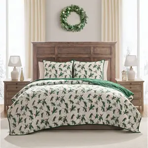 Hallmark Queen Flannel Greenery Print Quilt Set Hallmark Queen Flannel Greenery Print Quilt Set
