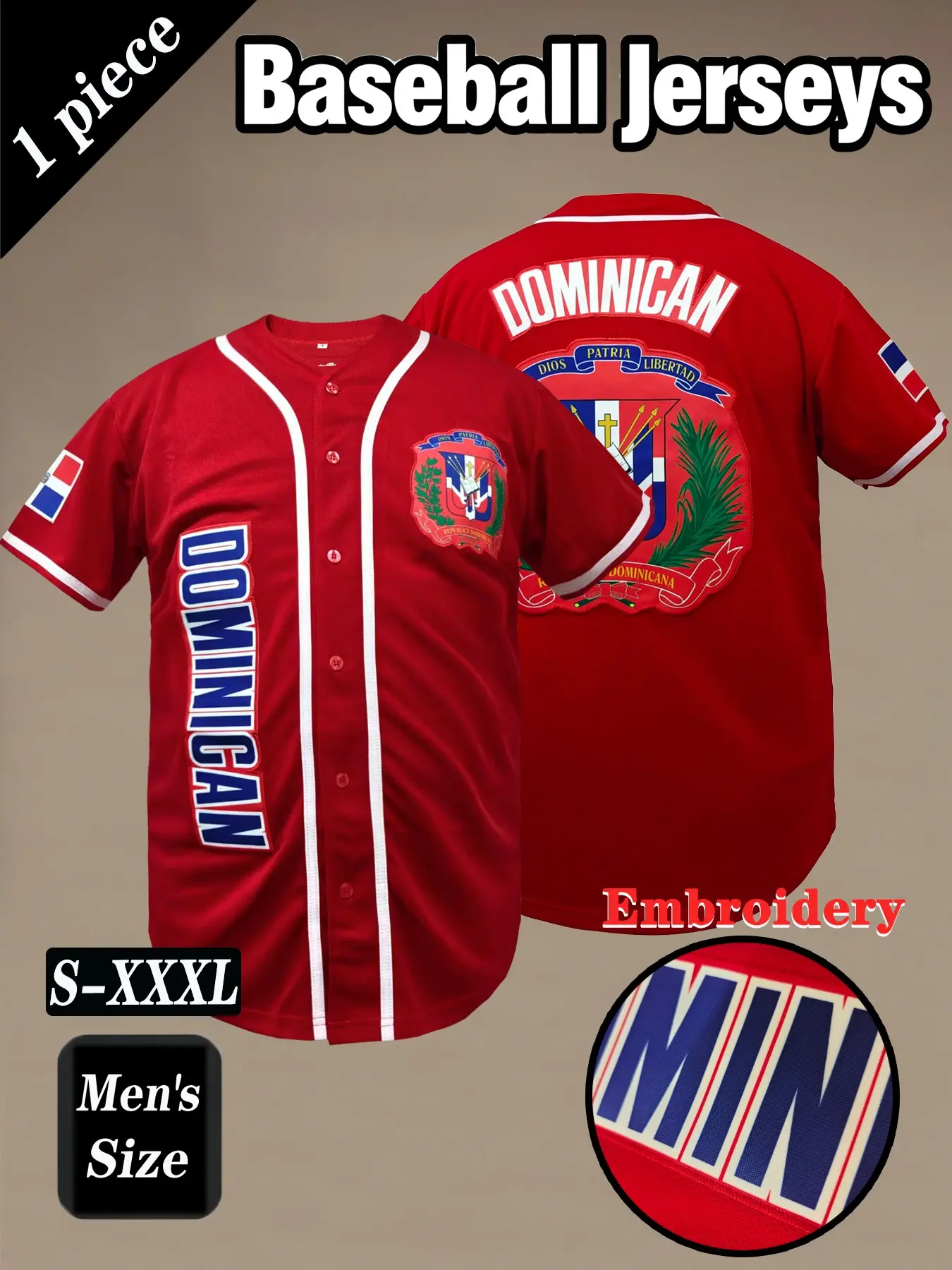 Men's Dominican Blue Baseball Jersey, Flag Element Letter Embroidery Design, Loose Fit Breathable Fabric, Casual Street Style