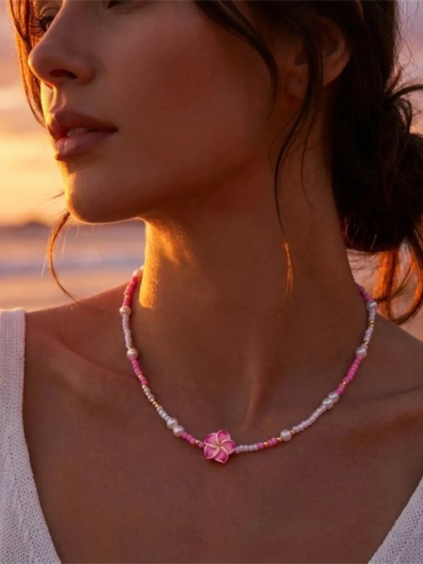 Hawaiian Tropical Island Vacation Boho Style Necklace, Sweet Dopamine Fashion, Perfect for Summer Travel and Daily Wear, Fresh Egg Flower Pendant with Plastic Chain