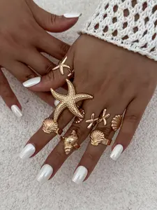 7 Piece Set Bohemian Star Shell Pearl Open Ring Jewelry Gift Sets for Women Party Daily Wear Elegant Accessories Silver Color Natural Material
