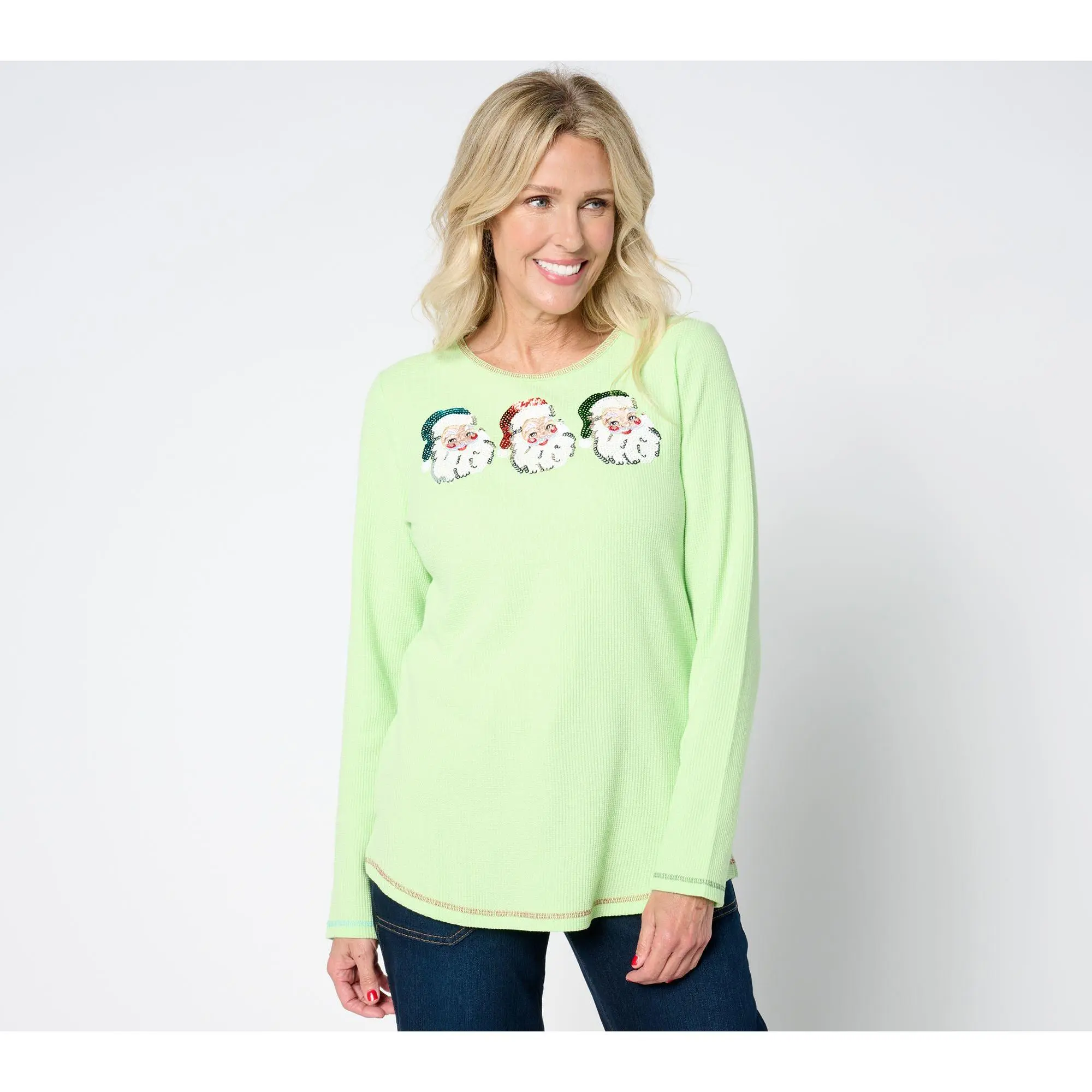 Quacker Factory Glitter Holiday Embellished Waffle Long Sleeve Top Cotton