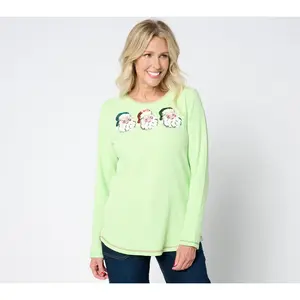 Quacker Factory Glitter Holiday Embellished Waffle Long Sleeve Top Cotton