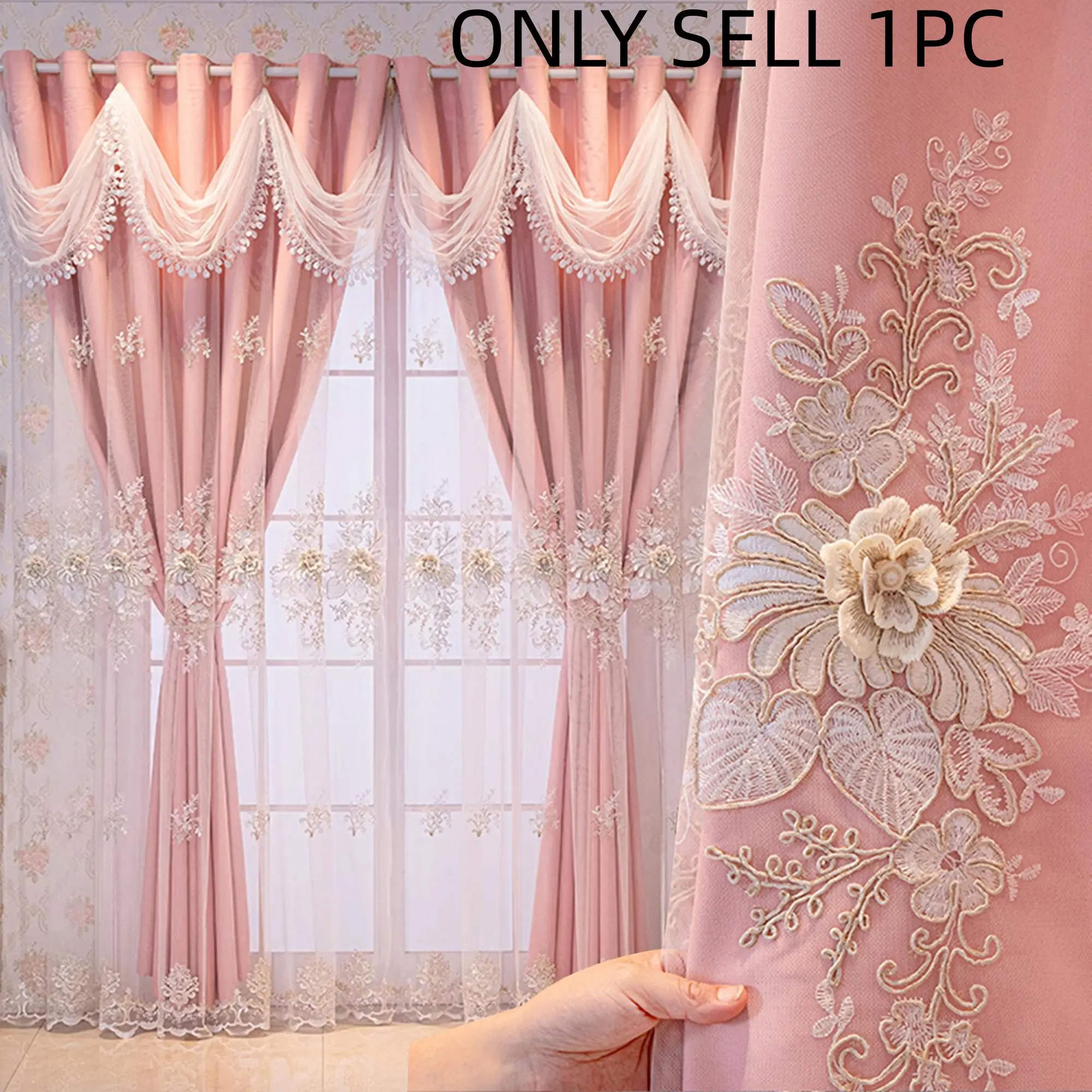 French Romantic Embroidered Blackout, Sunlight Blocking & Heat Insulation, Perfect for Girls' Bedroom & Living Room Decor, Home Decoration Window Curtain, Home Decorative Curtain, Embroidered Curtains