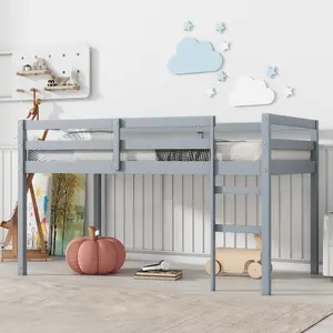 Bellemave Solid Wooden Rubber Twin Loft Bed with Ladder Grey Contemporary Minimalistic Design Ample Storage Low Height Safety Quality Easy Assembly