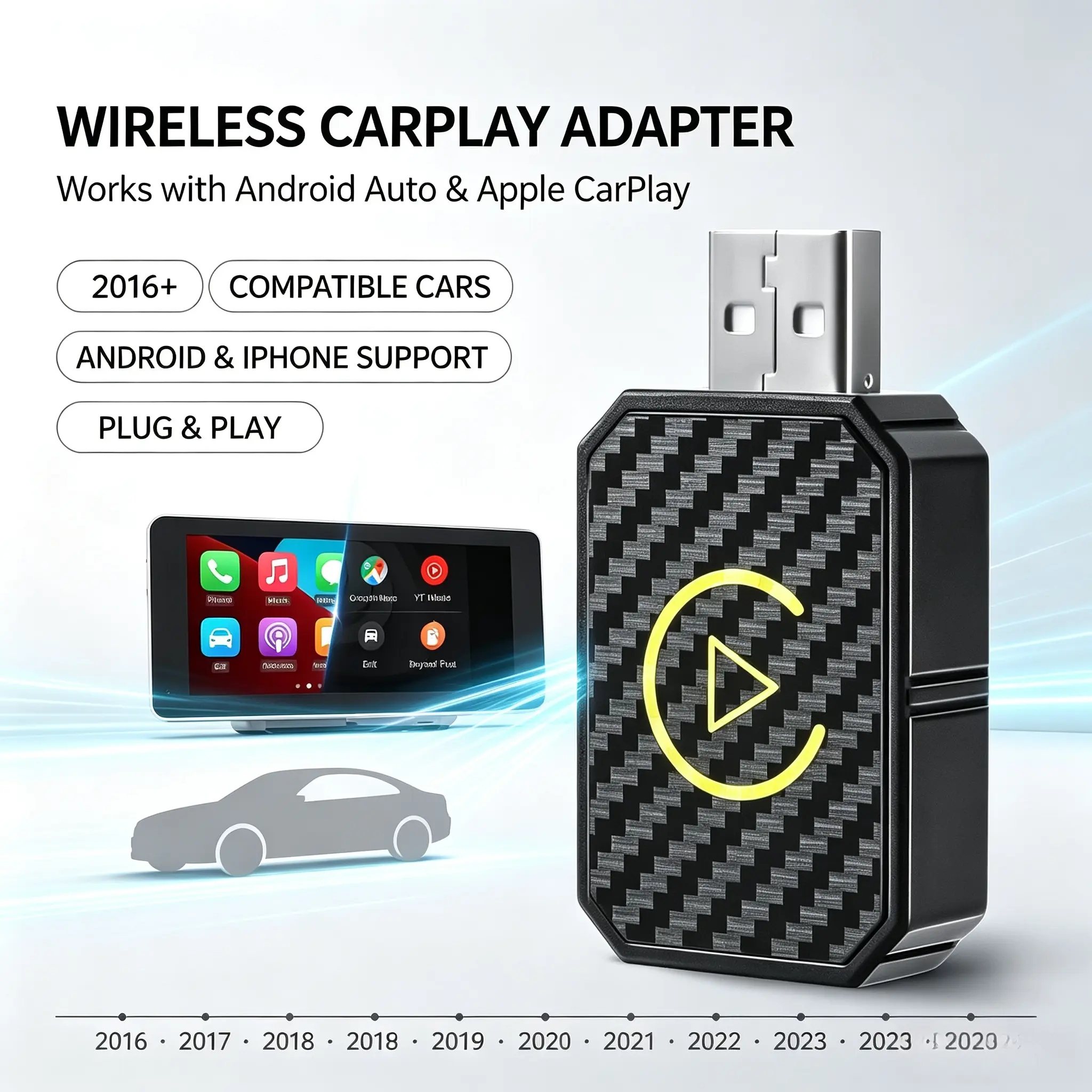 2-in-1 Wired-to-Wireless CarPlay & Android Adapter, Compatible with Apple/Android Systems, Fast Automatic Reconnection via Bluetooth, Suitable for 2016+ Vehicle Models
