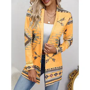 Western Ethnic Print Open Front Cardigan, Casual Long Sleeve Loose Cardigan, Women'S Clothing Womenswear Knitwear
