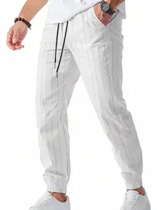 Men's All-Seasons Outfits Striped Linen Blend Jogger Pants, Elastic Waist with Drawstring, Casual Tapered Trousers, Casual Minimalist Trousers for Daily, Beach & Summer Wear, Multiple Colors, Casual Fashion Comfy