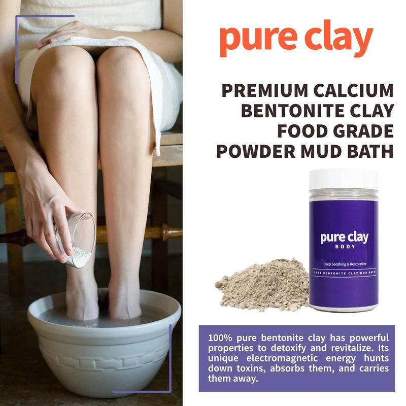 PURE CLAY Deep Mined Calcium Bentonite Clay Powder, Food Grade Organic, Detox Bath and Body Mud, Skin Soothing, Deep Cleansing - 32 oz