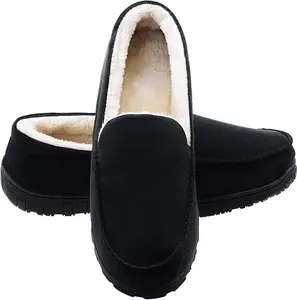 SHOESLOCKER Men's Cotton Moccasin Slippers, Anti-Slip Memory Foam Footwear, Knit Design with Heel Collar, Thick Cushioned Warm Plush Walking Shoes for Indoor & Outdoor Casual Use