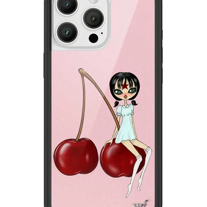 Wildflower Cases Cindy Kimberly Collab Handmade Art Casing - Limited Edition Trendy Shockproof Durable Rubber Polyurethane iPhone Case, Raised Black Bumper, Baby Pink Background, Dark Red Cherries, Women's Owned Small Business Gift, Multi-Device Fit
