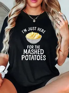 100% Cotton Unisex  Funny Mashed Potato Art For Men Women Food Mash Thanksgiving T-Shirt - Maple Leaf and Pumpkin Thanksgiving Print T-shirt, Autumn Halloween Women's Top