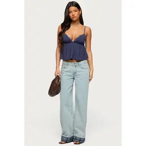 Plaid Cuffed Low Rise Baggy Jeans