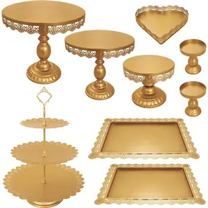 Set of 9 Cake Stands Metal Cupcake Stand Set Multiple Styles Candy Fruit Display Tower Dessert Plate Cake Serving Tray  Birthday Party Wedding Anniversary Baby Shower Engagement (Gold)
