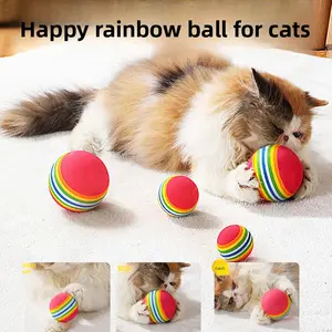 Cat Toys Rainbow Ball, Slightly Elastic Solid Silent Chew Toy for Teeth Cleaning and Interactive Play, Large Cat Chew Ball