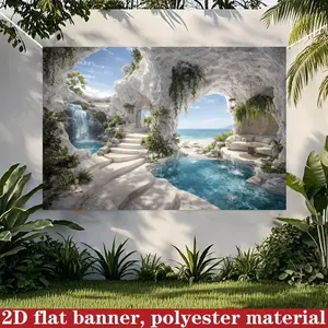2D Flat 1PC Polyester Banner, Island Cave Pool Theme Design, White Cave with Waterfall, Greenery & Ocean View Elements, Fresh Resort Style, Ideal for Island Party, Summer Event, Indoor Outdoor Decor, Durable Fabric, Easy to Hang,