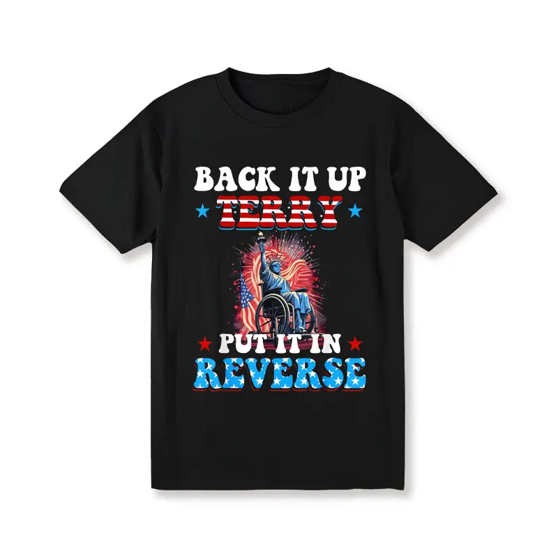 Men's Patriotic 'Back It Up Terry Put It In Reverse' T-Shirt -Retro 4th of July Design with Statue of Liberty & Fireworks, Crew Neck Short Sleeve, Durable Digital Print - Perfect for Independence Day Celebrations & Casual Wear, American Flag Accessories,