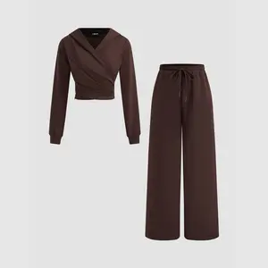 Cider [3 colors, size 0-26] Cotton-blend Solid Ruched Hoodie & Mid Rise Elastic Waist Knotted Straight Leg Trousers Set