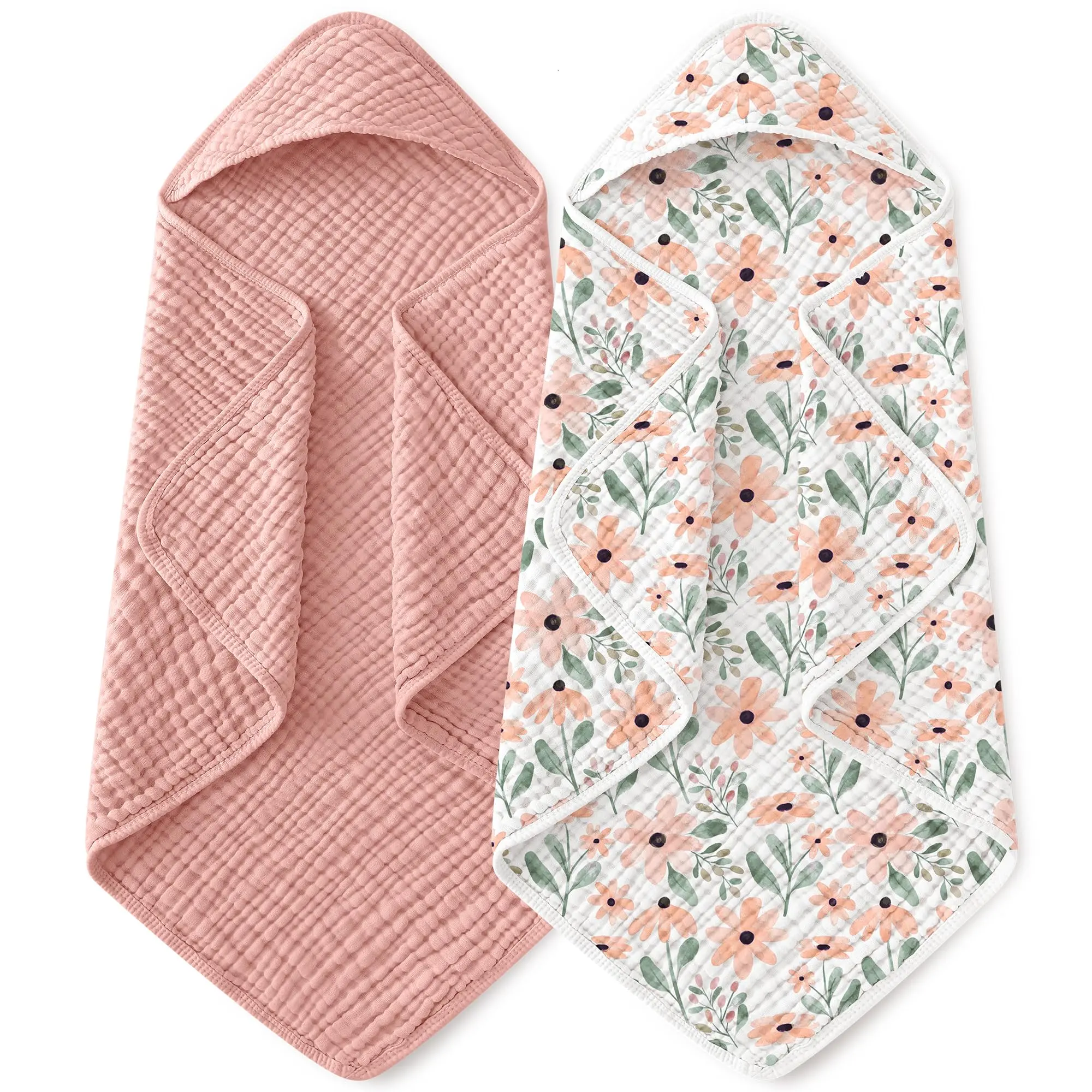 Yoofoss Hooded Bath Towels for Babies, 2-Pack 100% Muslin Cotton 32x32 in Soft & Absorbent for Newborns & Toddlers, Cloth, Care