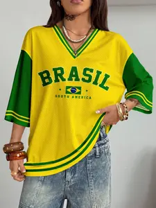 Women's Y2K Brazil Graphic Tee, Loose Oversized Fit, Short Sleeve Casual Streetwear Top, All-Season Wear, Without Zipper & Buttons