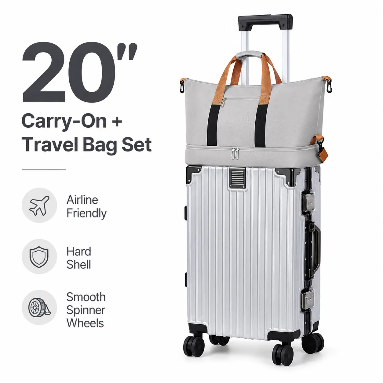 3-Piece PC Hardside Luggage Set with TSA Lock, 20In Carry-On Spinner Suitcase, Durable Travel Backpack for Men (Beige)