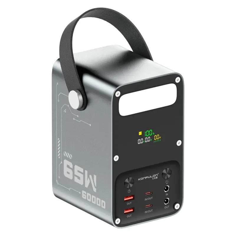 Konfulon Automotive-Grade LiFePO4 Cells Power Bank - 60000mAh (>20000mAh), 65W PD Fast Charging, 12V/3A DC I/O, 6-Port Dual USB+DC/USB-C, Wireless Charging, Accurate LCD Display, LED Flashlight, for iPhone 17, Samsung, Camping, Mobile Device Protection