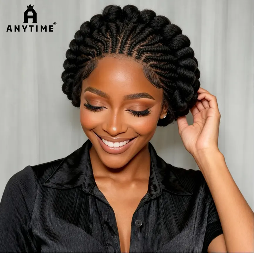 Anytime：8 inch black Synthetic wavy braided woman lace front wig, non-adhesive woven hair quality wig, with baby bangs, synthetic woven full lace wig, suitable for celebration events, daily wear, Very suitable for women wear