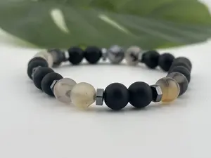 Matte Black Onyx Agate Beaded Bracelet, Minimalist Stretch Jewelry handmade