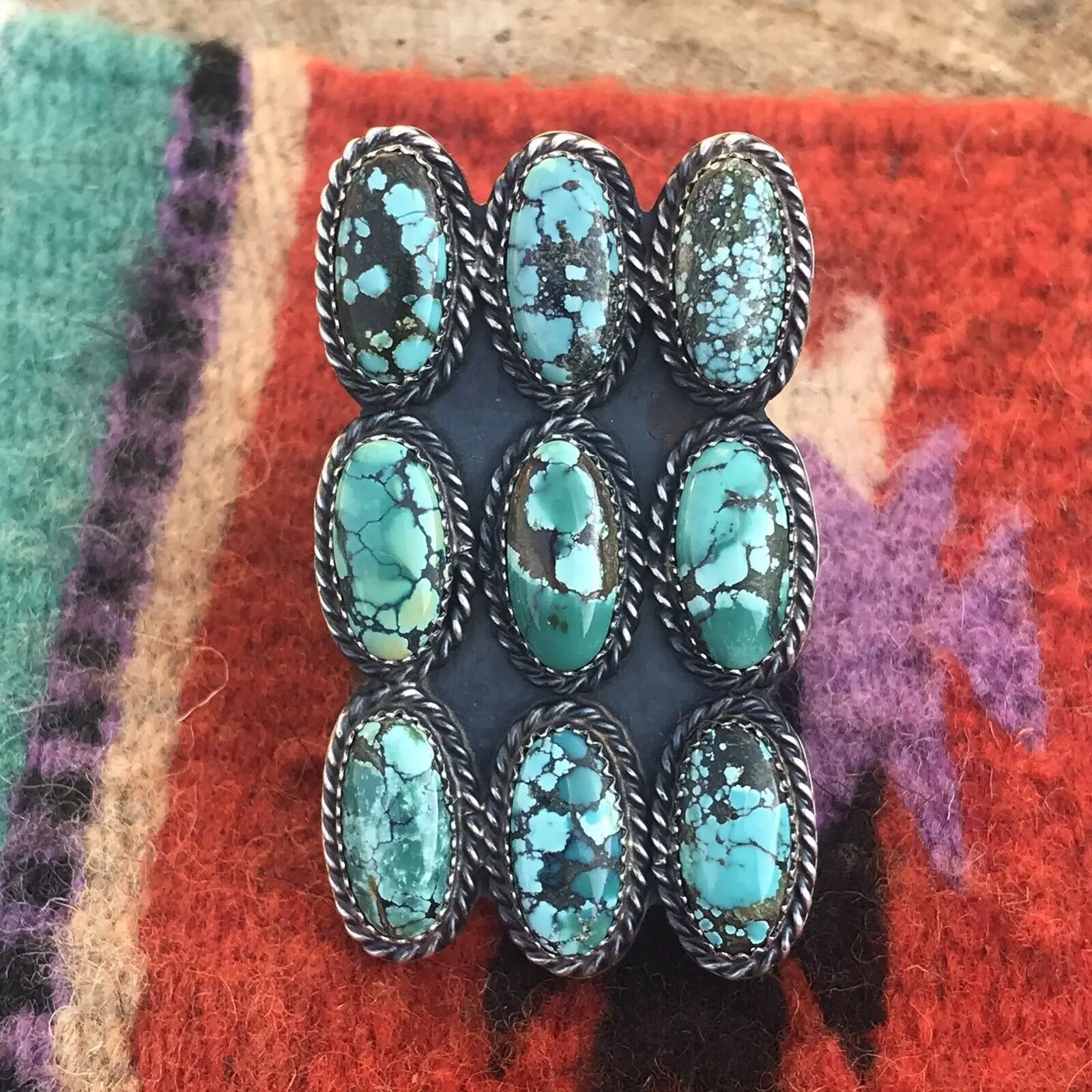 Handcrafted Tibetan Turquoise Sterling Silver Statement Ring Sz 8.5 Kevin Billah