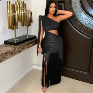 summer spring clothes Women One Shoulder Tassel Sleeveless Long Dress Diagonal Collar Summer Street Evening Sexy Night Party Dresses Vestidos Formal Womenswear Check Light Gamis