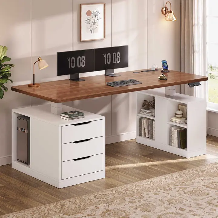 SEDETA | 63 Inch Home Office Stand up Desk with Power Outlets Modern Height Adjustable Computer Desk with 3 Drawers Electric Standing Desk with Storage Shelves for Work Study Writing SEDETA | 63 Inch Home Office Stand up Desk with Power Outlets Modern Height Adjustable Computer Desk with 3 Drawers Electric Standing Desk with Storage Shelves for Work Study Writing