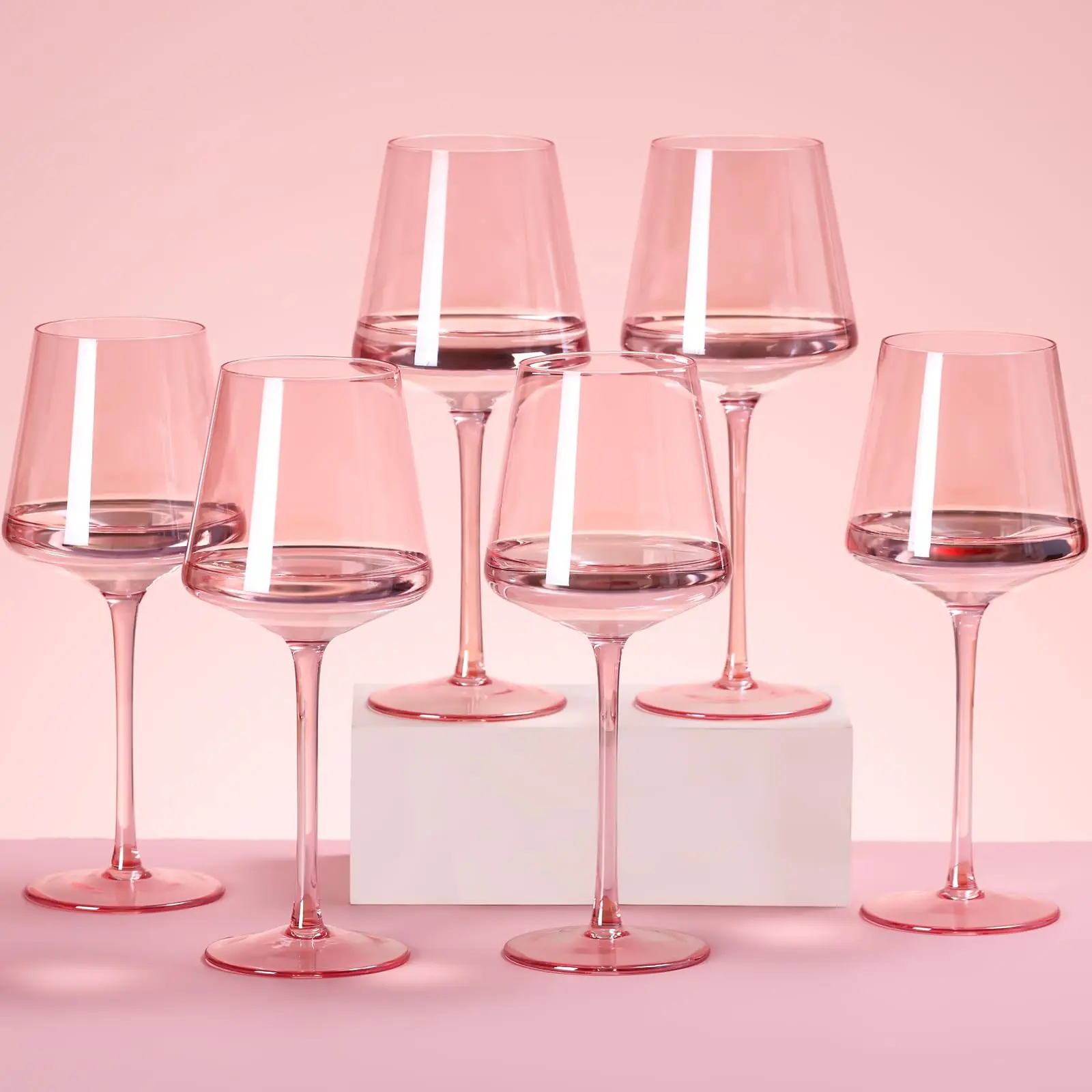 Hand Blown Pink Crystal Wine Glass Set - 6-Piece 18oz Long Stem Handmade Drinking Glasses, Ideal for Wine Lovers, Weddings - Kitchen Drinkware, Glasses For Drinking, Handmade Glass Glasses